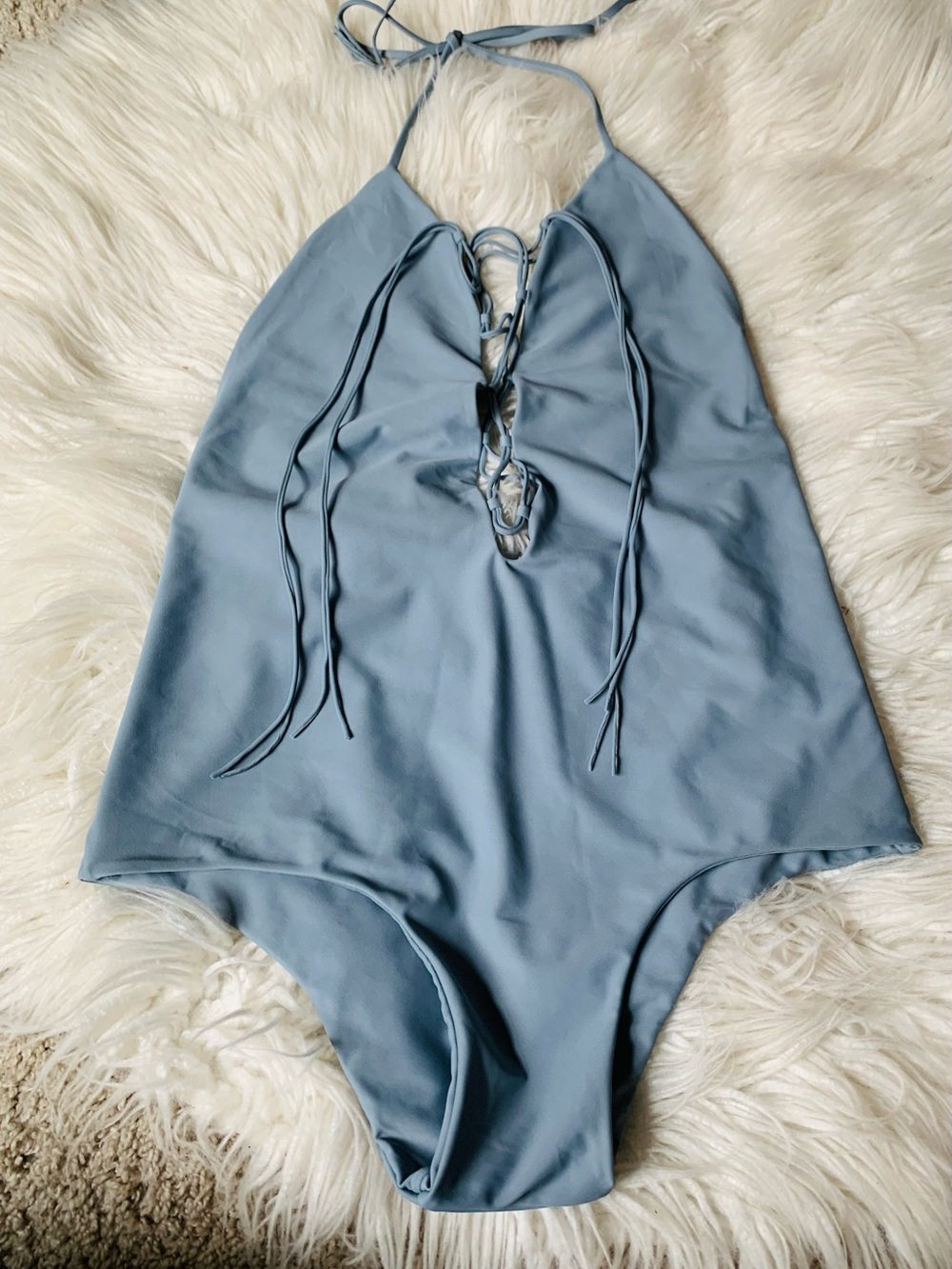 Aila Blue Deep V Lace Up Front One Piece Swimsuit Light Blue Size L